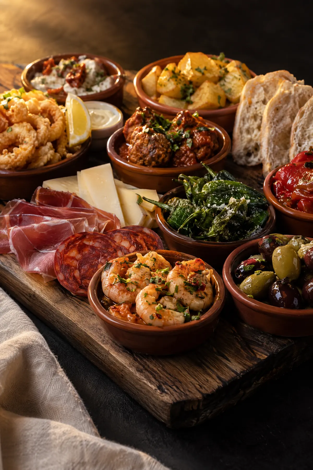 Ruime tapasplank met een mix van vlees, vis en vegetarische gerechten.