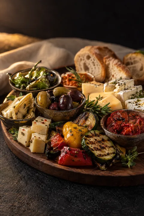 Vegetarische tapas met gegrilde groenten, olijven en kazen.