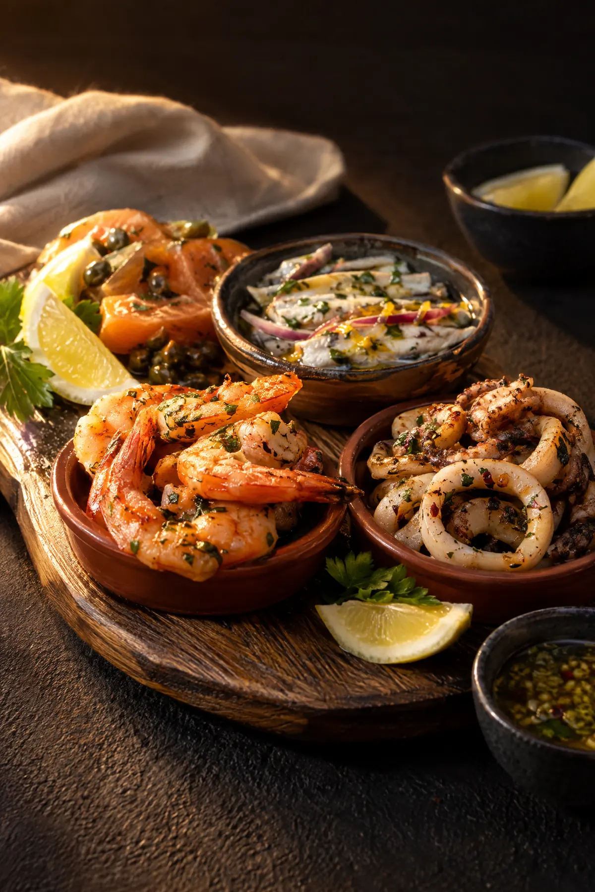 Tapas met gamba's, inktvis en gemarineerde vis, fris en op smaak gebracht.