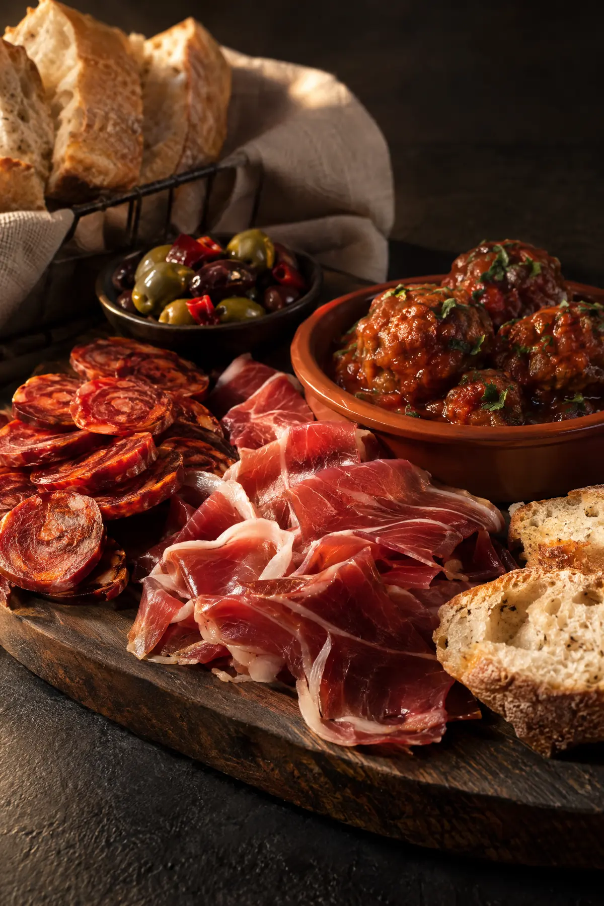 Spaanse tapas met chorizo, jamón en gehaktballetjes, geserveerd met brood.